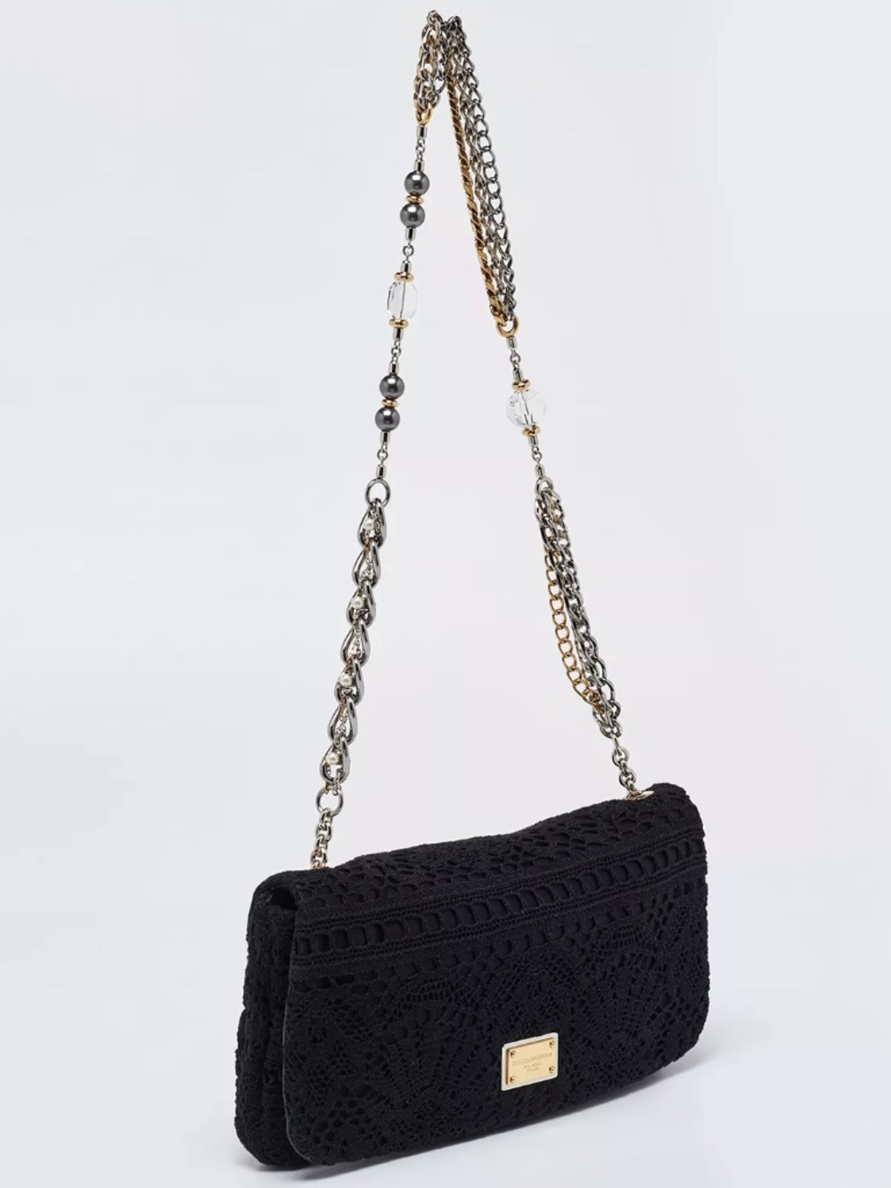 Dolce & Gabbana Black Lace Chain Flap Shoulder Bag